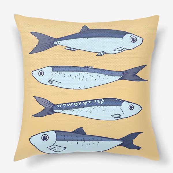 Подушка &laquo;рыбки маленькие кильки. синего цвета рыбки на желтом фоне шпроты &raquo;