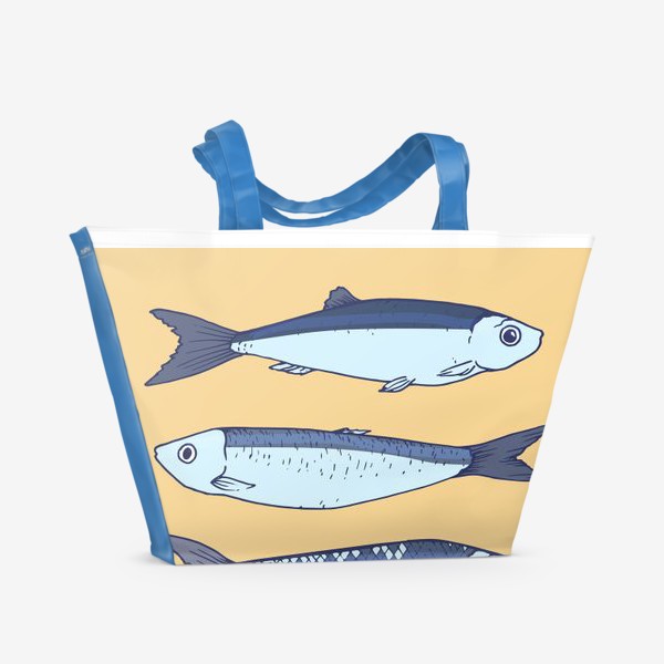 Пляжная сумка &laquo;рыбки маленькие кильки. синего цвета рыбки на желтом фоне шпроты &raquo;