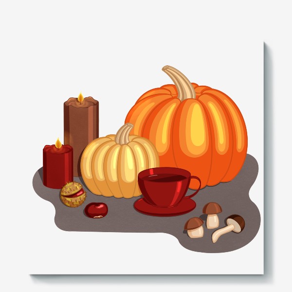 Холст «Осень, тыквы, свечи, чай и каштаны»