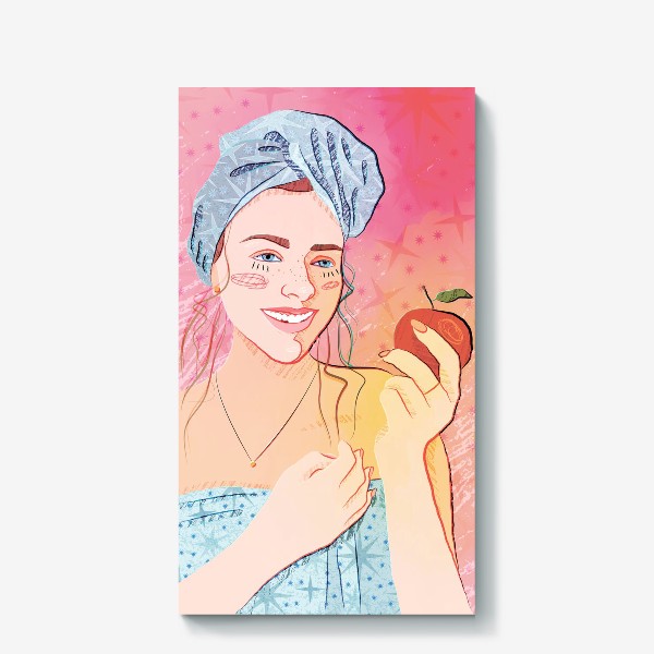 Холст &laquo;симпатичная девушка в банном полотенце с яблоком в руке с использованием акварельного эффекта и текстуры&raquo;