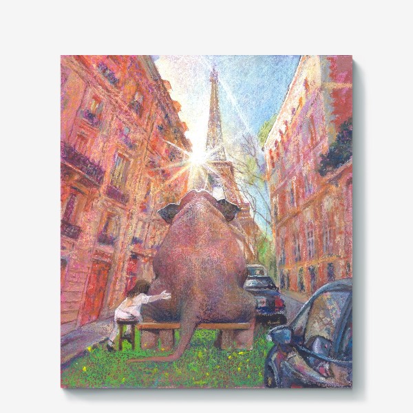 Холст &laquo;Париж,закат, эйфелева башня слон, девочка&raquo;