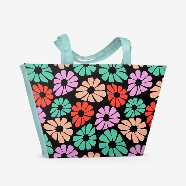 Пляжная сумка «Яркие стилизованные цветы на черном фоне»