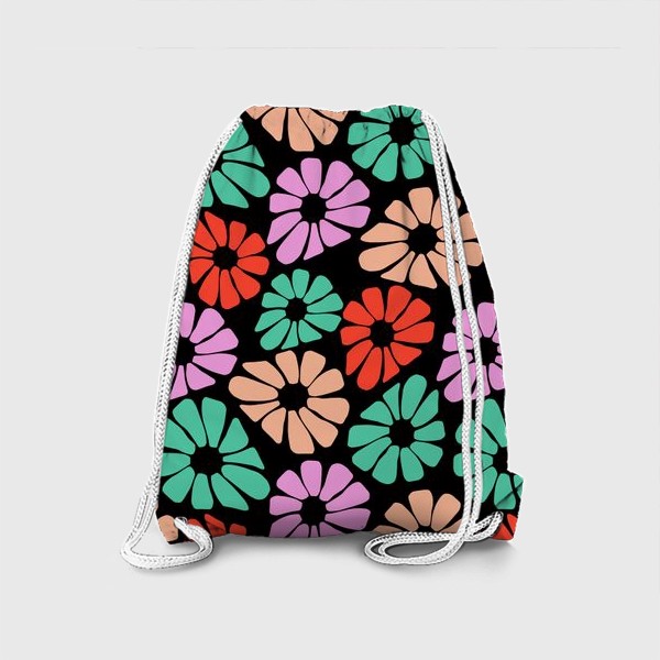 Рюкзак «Яркие стилизованные цветы на черном фоне»
