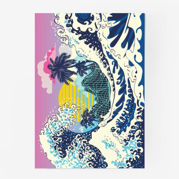 Постер «Большие волны и пальмы сиреневый восход»