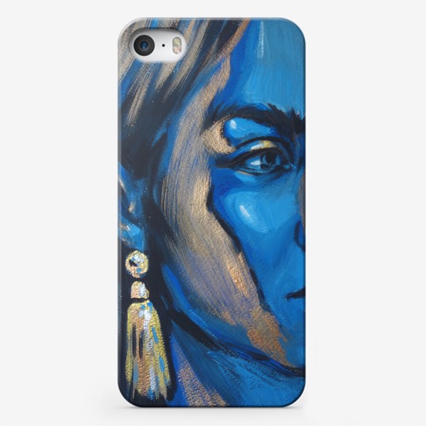 Чехол iPhone «девушка с золотой сережкой, сережка кисть, синий портрет»