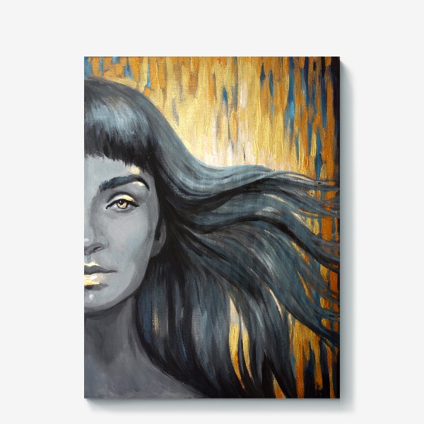 Холст &laquo;портрет девушки на золотом фоне, волосы на ветру&raquo;