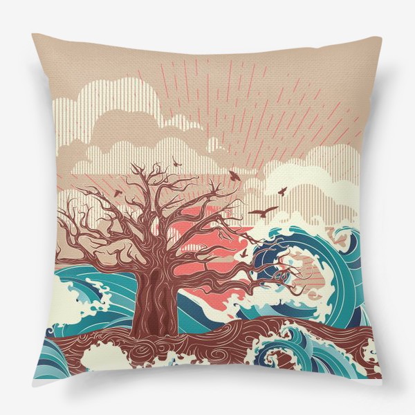 Подушка «Одинокое дерево на острове посреди океана, модерн»
