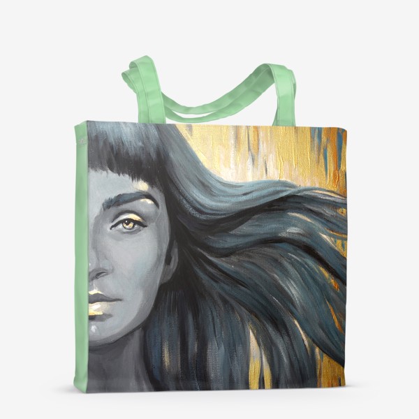 Сумка-шоппер «портрет девушки на золотом фоне, волосы на ветру»