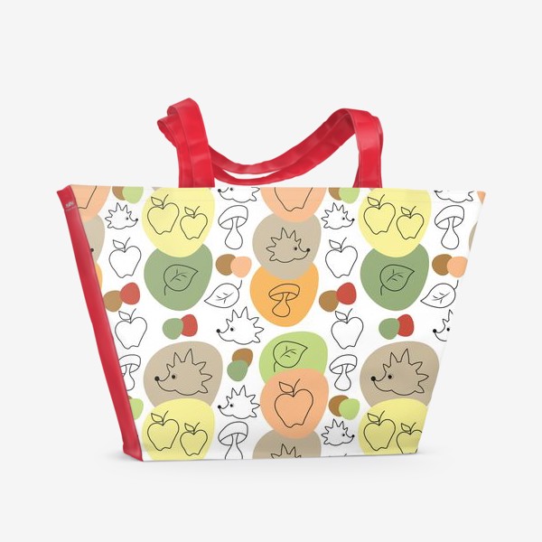 Пляжная сумка &laquo;Бесшовный принт с ежиками ,грибами и яблоками.&raquo;