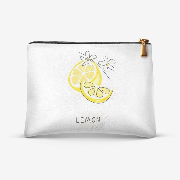 Косметичка «Рисованный лимон с цветами на белом фоне. Скетч»