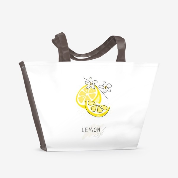 Пляжная сумка «Рисованный лимон с цветами на белом фоне. Скетч»