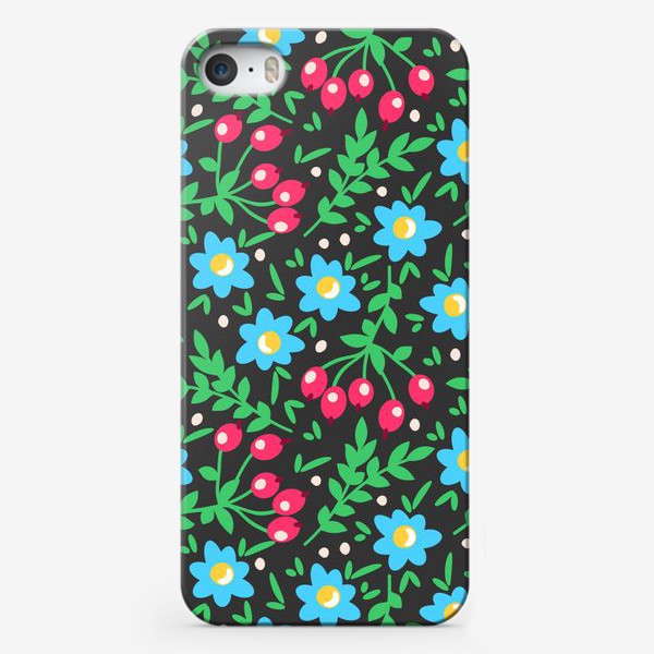 Чехол iPhone «Голубые цветы и розовые ягоды. Цветочный лесной дизайн.»