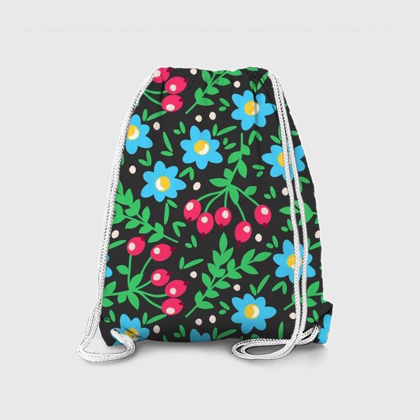 Рюкзак «Голубые цветы и розовые ягоды. Цветочный лесной дизайн.»