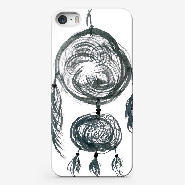 Чехол iPhone &laquo;Black and white dreamcatcher - Черно-белый ловец снов из двух колец с перьями и бусинами&raquo;