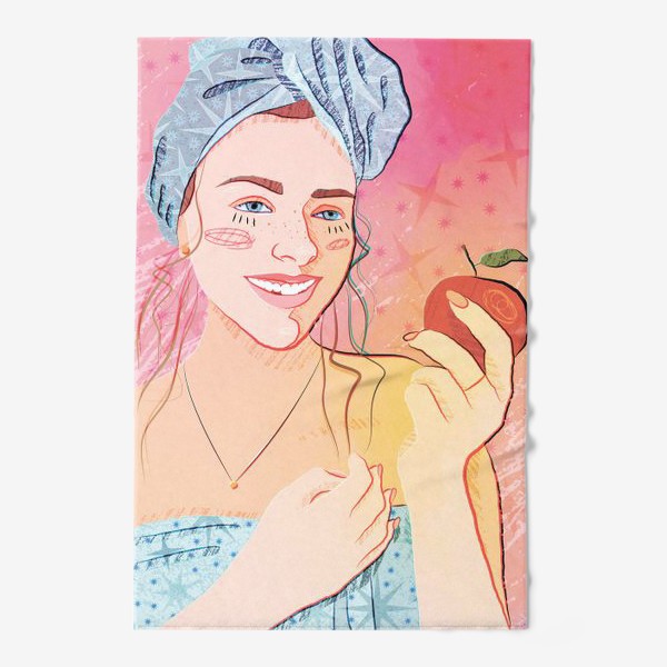 Полотенце &laquo;симпатичная девушка в банном полотенце с яблоком в руке с использованием акварельного эффекта и текстуры&raquo;
