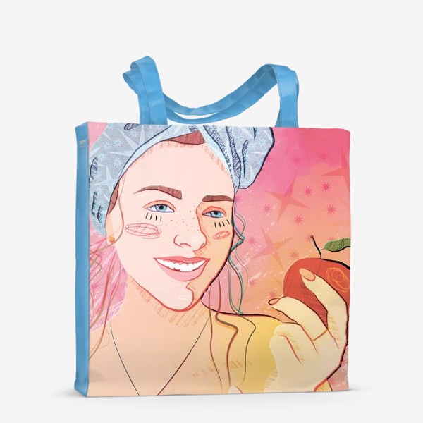 Сумка-шоппер &laquo;симпатичная девушка в банном полотенце с яблоком в руке с использованием акварельного эффекта и текстуры&raquo;