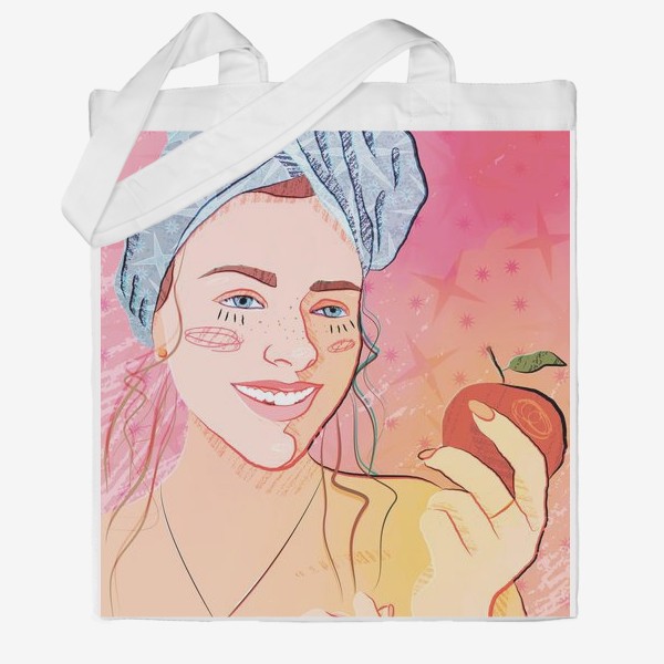 Сумка хб &laquo;симпатичная девушка в банном полотенце с яблоком в руке с использованием акварельного эффекта и текстуры&raquo;