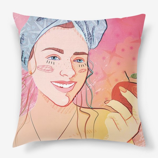 Подушка &laquo;симпатичная девушка в банном полотенце с яблоком в руке с использованием акварельного эффекта и текстуры&raquo;