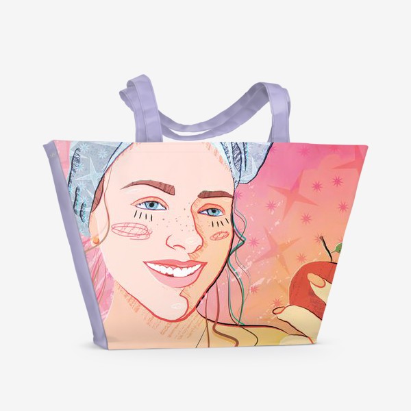 Пляжная сумка &laquo;симпатичная девушка в банном полотенце с яблоком в руке с использованием акварельного эффекта и текстуры&raquo;