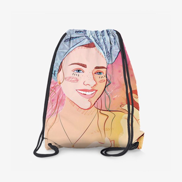 Рюкзак «симпатичная девушка в банном полотенце с яблоком в руке с использованием акварельного эффекта и текстуры»