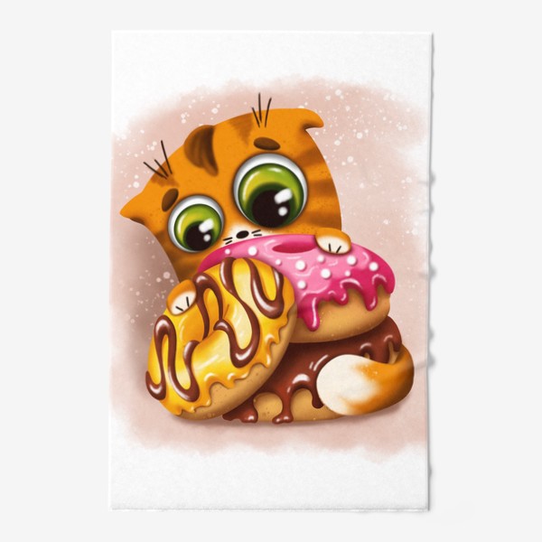 Полотенце «Смешной котик, кот, сладости, пончик, детское»