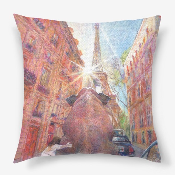Подушка &laquo;Париж,закат, эйфелева башня слон, девочка&raquo;