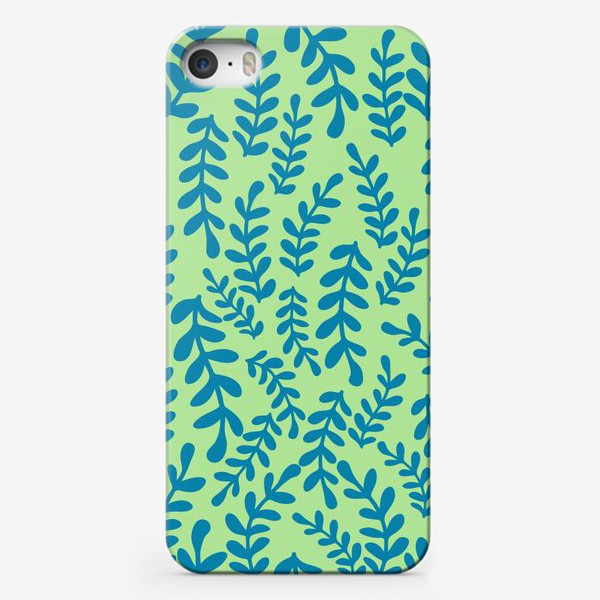 Чехол iPhone «Веточки цвета морской волны на салатом фоне, паттерн»