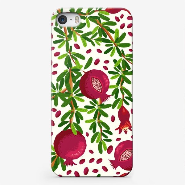Чехол iPhone «Гранаты и цветы на ветках в окружении гранатовых зерен, паттерн»