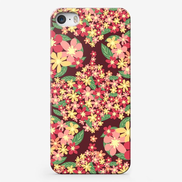 Чехол iPhone «Цветочные ромбы, геометрический паттерн из розовых, желтых, красных цветов на бордовом»