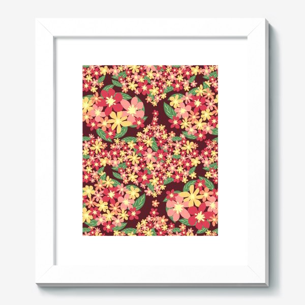 Картина «Цветочные ромбы, геометрический паттерн из розовых, желтых, красных цветов на бордовом»