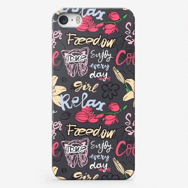 Чехол iPhone «Девчачий паттерн с цветами и надписями на сером фоне»