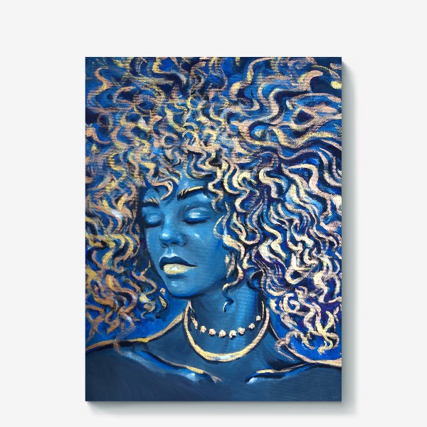 Холст «африканская женщина, афро, синий с золотым, кудри»