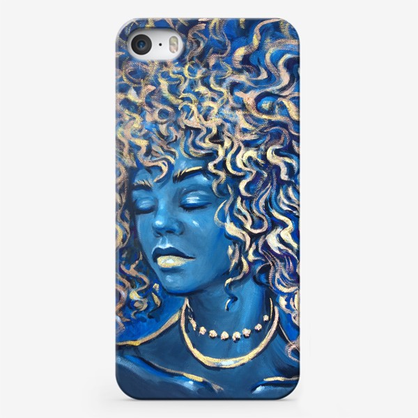 Чехол iPhone «африканская женщина, афро, синий с золотым, кудри»