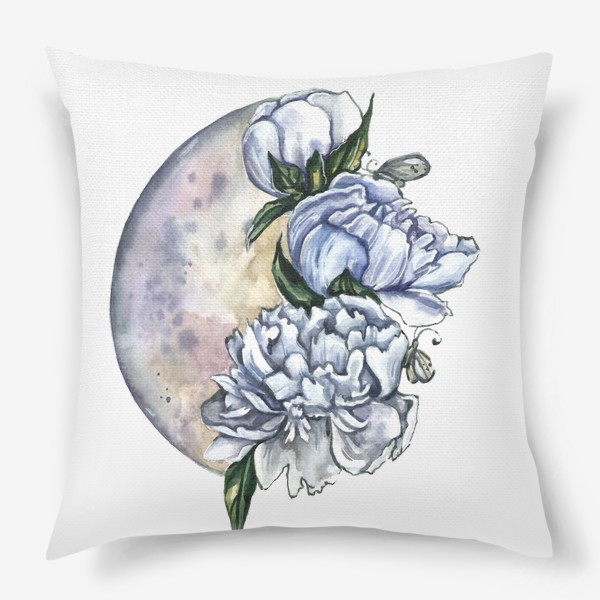 Подушка «Луна цветы пионы синий»