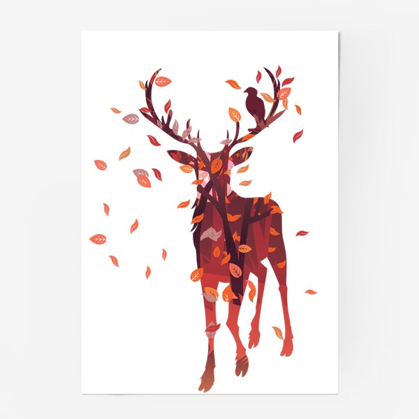 Постер &laquo;Осенний олень с птицей&raquo;