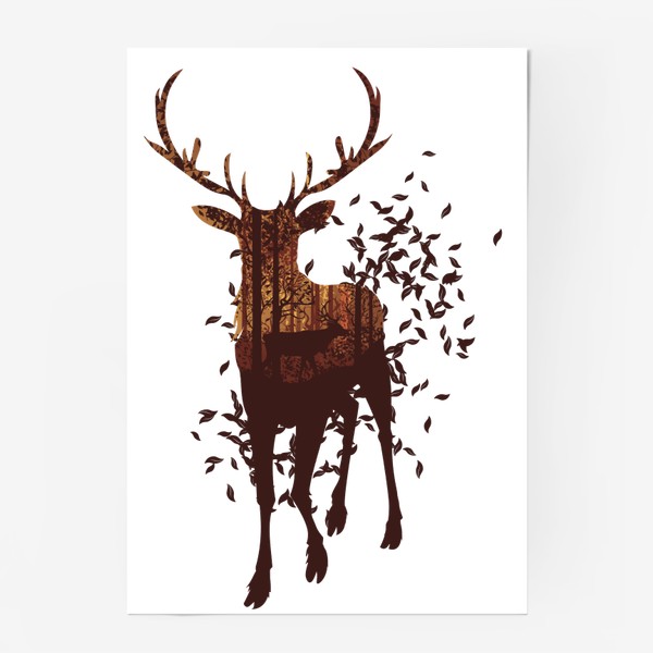 Постер «Осенний олень с опавшими листьями»