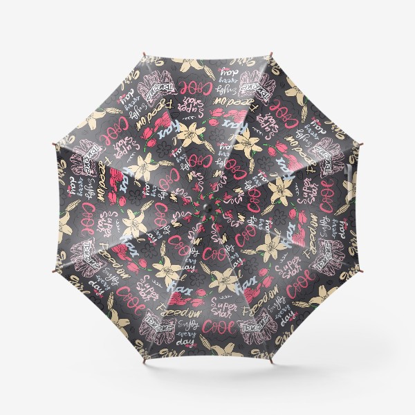 Зонт «Девчачий паттерн с цветами и надписями на сером фоне»