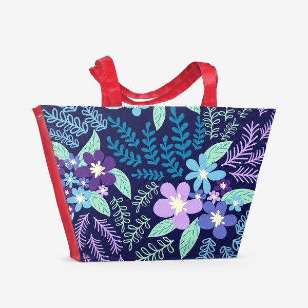 Пляжная сумка «Цветы на темном фоне, паттерн. Лазурный, голубой, лавандовый тренд-цвета»