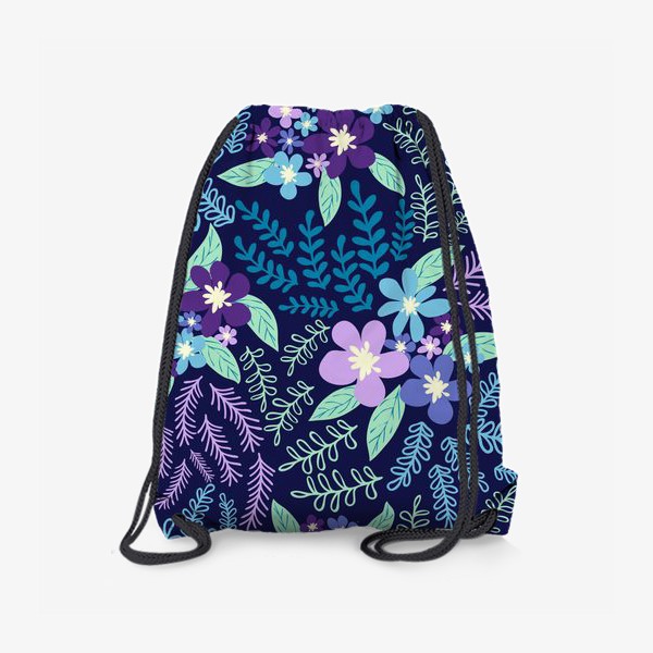 Рюкзак «Цветы на темном фоне, паттерн. Лазурный, голубой, лавандовый тренд-цвета»