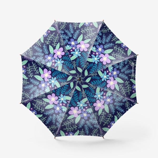 Зонт «Цветы на темном фоне, паттерн. Лазурный, голубой, лавандовый тренд-цвета»