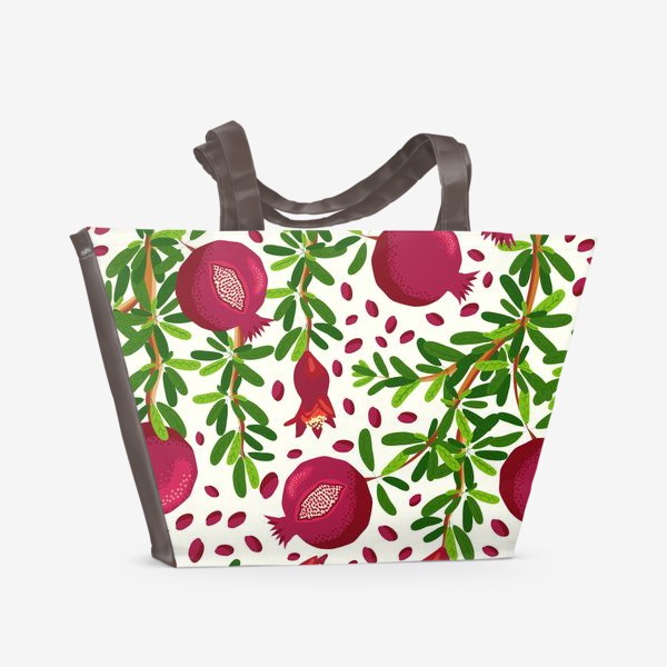 Пляжная сумка «Гранаты и цветы на ветках в окружении гранатовых зерен, паттерн»