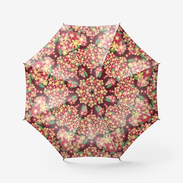 Зонт &laquo;Цветочные ромбы, геометрический паттерн из розовых, желтых, красных цветов на бордовом&raquo;