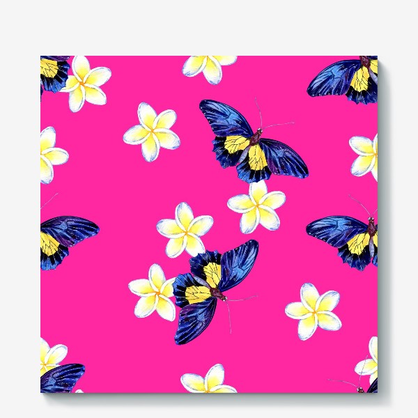 Холст «Паттерн Бабочки и цветы на розовом фоне»