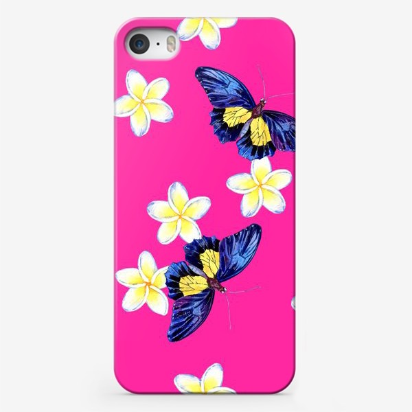 Чехол iPhone «Паттерн Бабочки и цветы на розовом фоне»