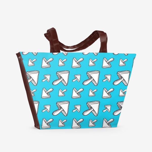 Пляжная сумка «Грибочки в стиле дудл на голубом фоне, паттерн»