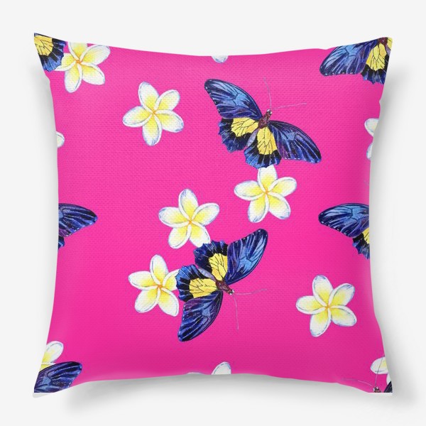 Подушка «Паттерн Бабочки и цветы на розовом фоне»