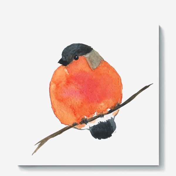 Холст &laquo;Красный снегирь на ветке, акварельная птица&raquo;