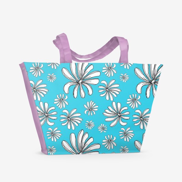 Пляжная сумка «Цветы в стиле дудл на голубом фоне, паттерн»