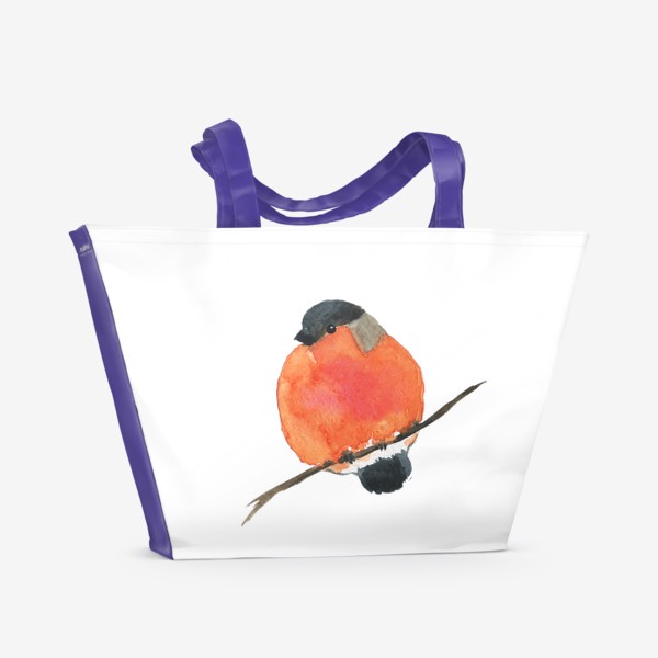 Пляжная сумка «Красный снегирь на ветке, акварельная птица»