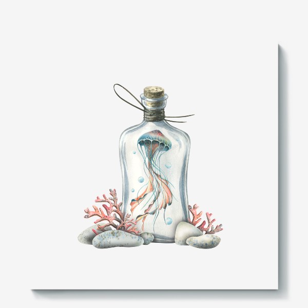 Холст «Медуза в бутылке с кораллами и камешками. Акварель.»